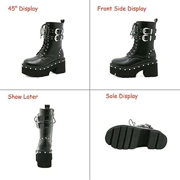 Damesplatform enkellaarzen dikke hoge hak veter-up rits Zwarte short laarzen punk bezaaid gothic punk laarzen,zwart,37 EU